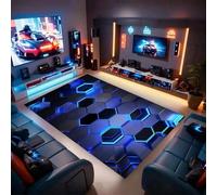 RUILBJM Gaming Rug for Boy's Bedroom Gamer,3D Vision Geometric Neon Pattern Teenager PC Gaming Room Soft Flannel Non-slip Game Floor Mat,Children's Room Cool Décor (Blue,64 * 80 inch)