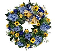 Ruilonghai Ukraine Flag Sunflower Front Door Wreath, 17.7 inch Yellow and Blue Artificial Plant Flower Wreath, Stand with Ukrainian People, Spring Farmhouse Garland for Front Door Wall Window