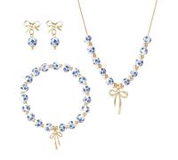 RUINBNC Artisanal Ceramic Bowknot Bead Jewelry Set Featuring Blue White Design Necklace Earring for Gift and Individual Use Everyday Ceramic Earrings