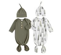 RUINIXCW 2Pack Newborn Baby Knotted Gown Long Sleeve Printed Sleeping Bag Coming Home Outfit Nightgown Pajamas Hat Set (Army Green, 0-3 Months)