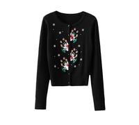RUINIXCW Christmas Knited Sweaters for Women Cute Snowman Tree Embroidery Long Sleeve V Neck Tops Xmas Button Down Cardigans (Black, M)