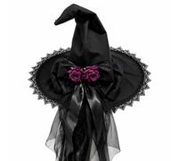 RUINIXCW Halloween Pointed Witch Hat for Women Gothic Ruffled Lace Trim Wizard Cap (D-Purple, One Size)
