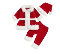 RUINIXCW Kid Boy Girl Santa Claus Costume Cute Long Sleeve Belted Fluffy Cuffs Jacket and Pants with Hat Christmas 3Pcs Sets