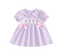 RUINIXCW Kids Girls Easter Dress Cute Embroidered Plaid Doll Collar Short Sleeve Ruffle Dresses with Bow Baby Summer Clothes (Purple, 2-3 Years)