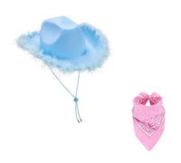 RUINIXCW Western Cowboy Hat for Adults Wide Brim Hats with Scarf Cosplay Costume (Blue Raw Edge, One Size)