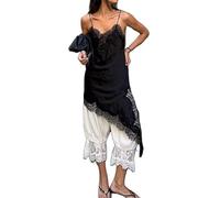 RUINIXCW Women Satin Lace Camisole Top V Neck Sleeveless Spaghetti Strap Silk Cami Tops Y2k Asymmetrical Tank Top Streewear (Black, XL)