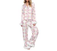 RUINIXCW Women's Christmas Satin Pajamas Sets Feather Trim Long Sleeve Button Up Shirt and Santa Print Pants Xmas Loungewear (Multicolor, M)