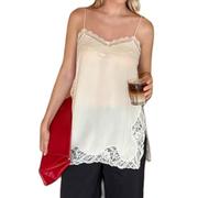 RUINIXCW Women's Silk Satin Camisole Tops Y2k Sleeveless Patchwork Asymmetrical Lace Trimed Hem Tank Top Going Out Streewear (White, S)