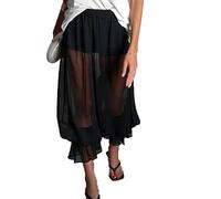 RUINIXCW Women's Y2K Lace Trim Long Bloomers Elastic Mid Rise Ruffle Sheer Mesh Cute Pantaloons Victorian Lounge Party Pants (E-Black, M)