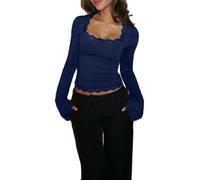 RUINIXCW Women's Y2K Lace Trim Tops Square Neck Ribbed Long Flared Sleeve Slim Crop Shirts Sexy Going Out Blouses Streetwear (Blue, M)