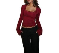 RUINIXCW Women's Y2K Lace Trim Tops Square Neck Ribbed Long Flared Sleeve Slim Crop Shirts Sexy Going Out Blouses Streetwear (Red, S)