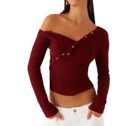 RUINIXCW Women's Y2k Off Shoulder Knit Top Slim Fit Long Sleeve Asymmetrical Button Up Crop Sweater Date Night Party Clothes (Burgundy, M)