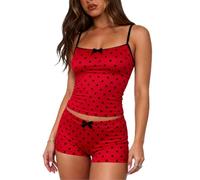 RUINIXCW Women's Y2k Polka Dot 2 Piece Sets Sexy Sleeveless Lace Trim Crop Top and Short Pants with Bow Summer Lounge Outfit (Red, M)
