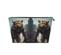 Ruins Tiger Warrior Leather Makeup Bag, Travel Cosmetic Toiletry Bag for Women, Large Capacity Makeup Pouch, Zipper Makeup Bag Organizer