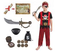 Ruioomeep Children's Pirate Costume, Pirate Costume for Children, Pirate Role Play Kits, 8-Piece Set with Eye Patch & Sword, Carnival & Halloween Fancy Dress for Boys 3-10 Years