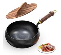 Ruioomeep Iron Pan, Forged Uncoated Iron Pot with Handle and Wooden Lid, Large Belly Pot for Various Culinary Styles and Recipes, 27 x 11 cm