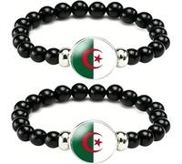 ruipenghui Set of 2 Black Beaded Bracelets with Algerian Flag - Handmade Elasticated Bracelet, African Jewellery, Algeria Souvenir Gift, Resin & Glass Beads