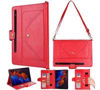 RuiRdot Wallet Case for Samsung Galaxy Tab S8 Plus / S7 FE / S7 Plus 12.4",Ultra-thin PU leather Case Auto Wake/Sleep with Hand Strap & Removable Shoulder Strap (Red)