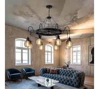 RuiRfh Chandelier Retro Dining Room E27 Large Wagon Wheel Pendant Light 8 Lights Farmhouse Iron Hanging Lamp Antique Round Metal Lights Rustic Ceiling Lamps Bedroom Living Room Foyer Corridor Black Fi