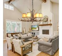 RuiRfh Pendant Light Vintage E14 Medieval Dining Table Lamp American Rural Chandelier Resin Antlers Pendant Lighting White Lampshade Hanging Lamp Retro Light Bar Living Room Cafe Dining Room Ceiling L