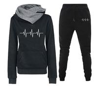 RUIRUILICO Tracksuit Sets for Women Two Piece Heart Heartbeat Print Hoodie Yoga Joggers Tracksuits Long Sleeves Pullover and Drawstring Trousers Lounge Wear Sets B-black