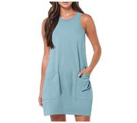 RUIRUILICO Women's Plain Sleeveless Long Vest Tops with Pockets Flowy Tunic Tube Top Tee Shirt Blouse Ladies Loose Casual Summer Beachwear Light Blue