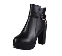 RUIRUILICO Women's UK Chunky High Heel Chelsea Ankle Boots with Metal Ring Ladies Side Ziper Leather Boots Sexy Stretchy Fit Patent Platform Boot