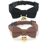 RUIRUIMING 2 Pack Soft Corduroy Cat Collars with Bow Tie & Bell, Adjustable Breakaway Cotton Kitty Bowtie Collar for Male Boy Cats (Black & Brown)