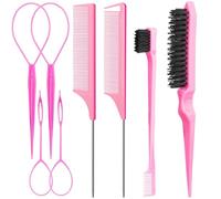 RUIRUIMING 8 Piece Hair Set with 4 Hair Tail Tools, 2 Rat Tail Brushes, 1 Bristle Combing Smooth Back, 1 Edge Control, Women's Pink Eyebrow