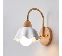 Ruiseawing Nordic Wood Wall Sconce with Ceramic Flower Shade Solid Wood Modern Wall Lamp E26/E27 Base Gold Contemporary Light for Bedroom Dining Room Kitchen Apartment