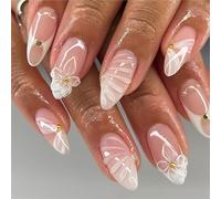Ruispeed 24Pcs Medium Almond White French Tip Press-On Nails with Seashell Designs, 3D Flower Acrylic Nails, Gold Rhinestones, Summer False Nails with Cute Ribbon, Glue-On Nails for Women