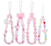 Ruispeed 4 Piece Cute Y2K Phone Charms Pink - With Bear, Bow, Flower, Heart, Star, Beaded Lanyard, Anti-Theft Chain for Bag, Keyring, AirPods, Decoration