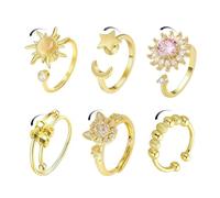 Ruispeed 6 Pcs Fidget Rings for Women & Men, Adjustable Anxiety Spinner Rings with Rotatable Sunflower, Moon, Star Beads for Stress Relief, Gold Fidget Jewelry
