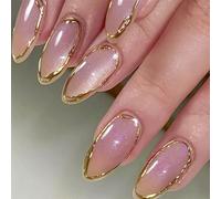 Ruispeed Crystal 3D Cat Eye Press On Nails, Medium Almond with Designs, Handmade 3D Gold Line Press On Nails for Women, Reusable with Kit, Soft Gel Medium Almond Acrylic Fake Nails with Gold Tips