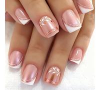 Ruispeed Short Square Press-On Nails, Nude Fake Nails with White French Tips and Minimalist Purple and Gold Line Design, Glossy Gel Finish Acrylic Nails, Natural Reusable Glue-On Nails Kit for Women