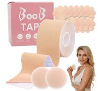 ruitao Skin Boob Tape, Boobs Lift Tape, Strapless Boob Tape for Large Breasts & 2 Pairs Silicone Nipple Covers & 5 Pairs Petal Nipple Covers, Pasties Invisible Reusable Adhesive for Party Dress