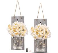 Ruiuzioong Rustic Grey Mason Jar Sconces for Home Decor, Decorative Chic Hanging Wall Decor Mason Jars with LED Strip Lights,Silk Hydrangea, Iron Hooks for Home & Kitchen Decorations (Pink)