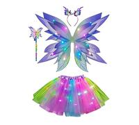 RUIWANBBY Kid Girl Halloween Costume Sets Tulle Skirt, Butterfly Wings, Fairy Stick, Hair Hoop for Cosplay Theme Party Outfits (4pcs Gradient Purple, One Size)