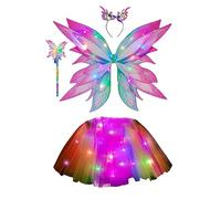 RUIWANBBY Kid Girl Halloween Costume Sets Tulle Skirt, Butterfly Wings, Fairy Stick, Hair Hoop for Cosplay Theme Party Outfits (4pcs Gradient Rose Red, One Size)