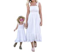 RUIWANBBY Mommy and Me Dresses Outfits Straight Neck Solid Color Maxi Dress Shoulder Straps Bowknot Casual Matching Outfits (White Girl, 24_Months)