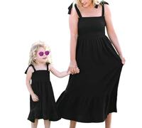 RUIWANBBY Mommy and Me Dresses Outfits Straight Neck Solid Color Maxi Dress Shoulder Straps Bowknot Casual Matching Outfits (Black Girl, 5 Years)