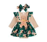 RUIWANBBY Newborn Baby Girl Thanksgiving My First Christmas Outfit Long Sleeve Romper Dress Fall Winter Outfit with Headband (Green, 3-6 Months)
