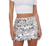 RUIWANBBY Shiny Sequin Skirt for Women Above Knee Length Sparkly Glitter Bodycon Mini Skirts Going Out Holiday Parties Outfit (B-Silver, M)