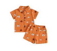RUIWANBBY Toddler Baby Boy Halloween Outfits Pumpkin Print Short Sleeve Button Down Shirt Elastic Shorts 2 Piece Clothes Set (Orange, 2-3T)