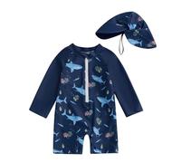RUIWANBBY Toddler Boys Rash Guard Swimsuit Playsuits Shark Print Zipper Short Sleeve Sun Protection Bathing Suit with Swim Cap