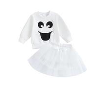 RUIWANBBY Toddler Girl 2 Piece Outfit Halloween Ghost Print Long Sleeve Sweatshirt and Mesh Tulle Skirt for Toddler Fall Clothes (L-White, 18-24 Months)