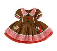 RUIWANBBY Toddler Little Girl Christmas Outfits Gingerbread Man Pattern Puff Short Sleeve Striped Dress Xmas Party Dresses (Khaki, 3-4 Years)