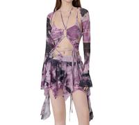 RUIWANBBY Women 3 Piece Floral Patchwork Crop Top Outfits Summer Sexy Long Sleeve Shrug Tops Tie Dye Print Mini Skirt Sets (Purple, S)
