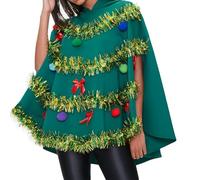 RUIWANBBY Women Christmas Tree Poncho Costume Shining Bow Ball Decor Hooded Cloak Cape Xmas Cosplay Outfits for Cosplay Party (Green, XL)