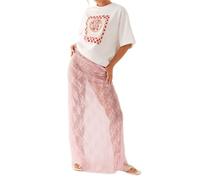 RUIWANBBY Women Floral Sheer Lace Maxi Skirt See Through Low Waist Solid Color Cover Up Long Skirts Summer Casual Streetwear (Pink, M)